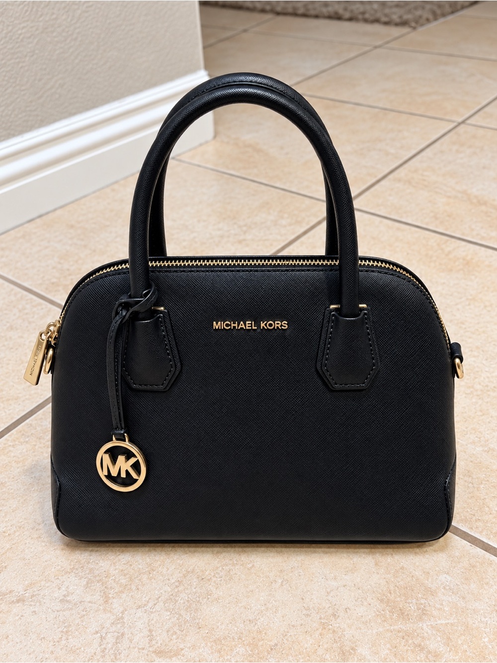 MICHAEL KORS Black Saffiano Dome Satchel with Gold Hardware